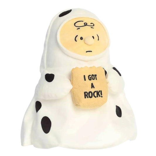 Aurora Peanuts 9-inch Ghost Charlie Brown plush toy wearing sheet costume and holding I GOT A ROCK trick-or-treat bag.