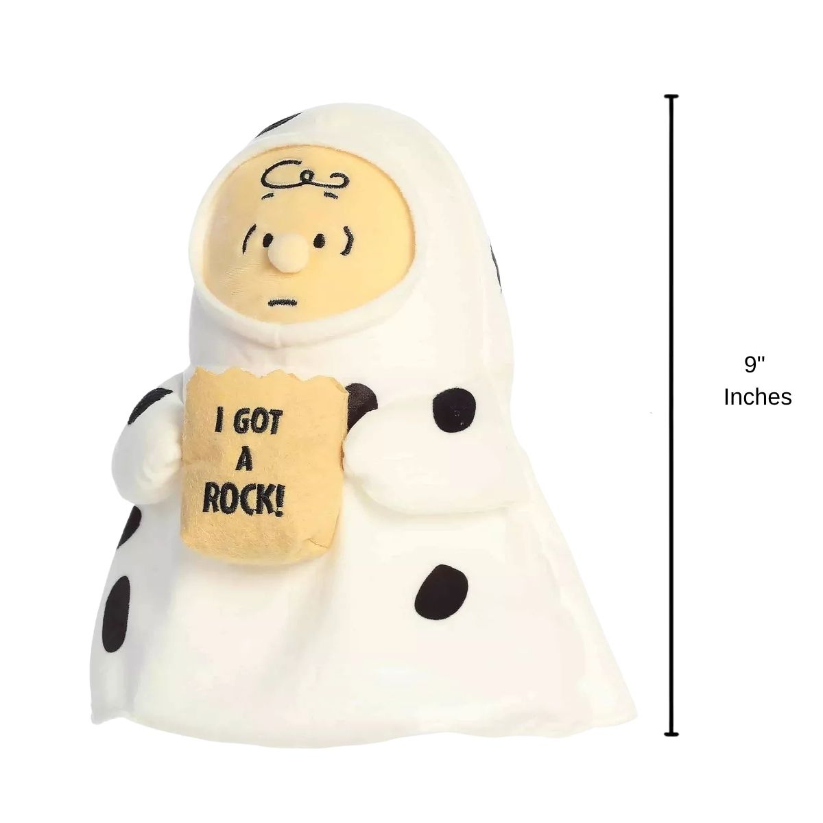 Full front view thumbnail of Charlie Brown ghost plush next to a 9-inch height measurement graphic indicator.