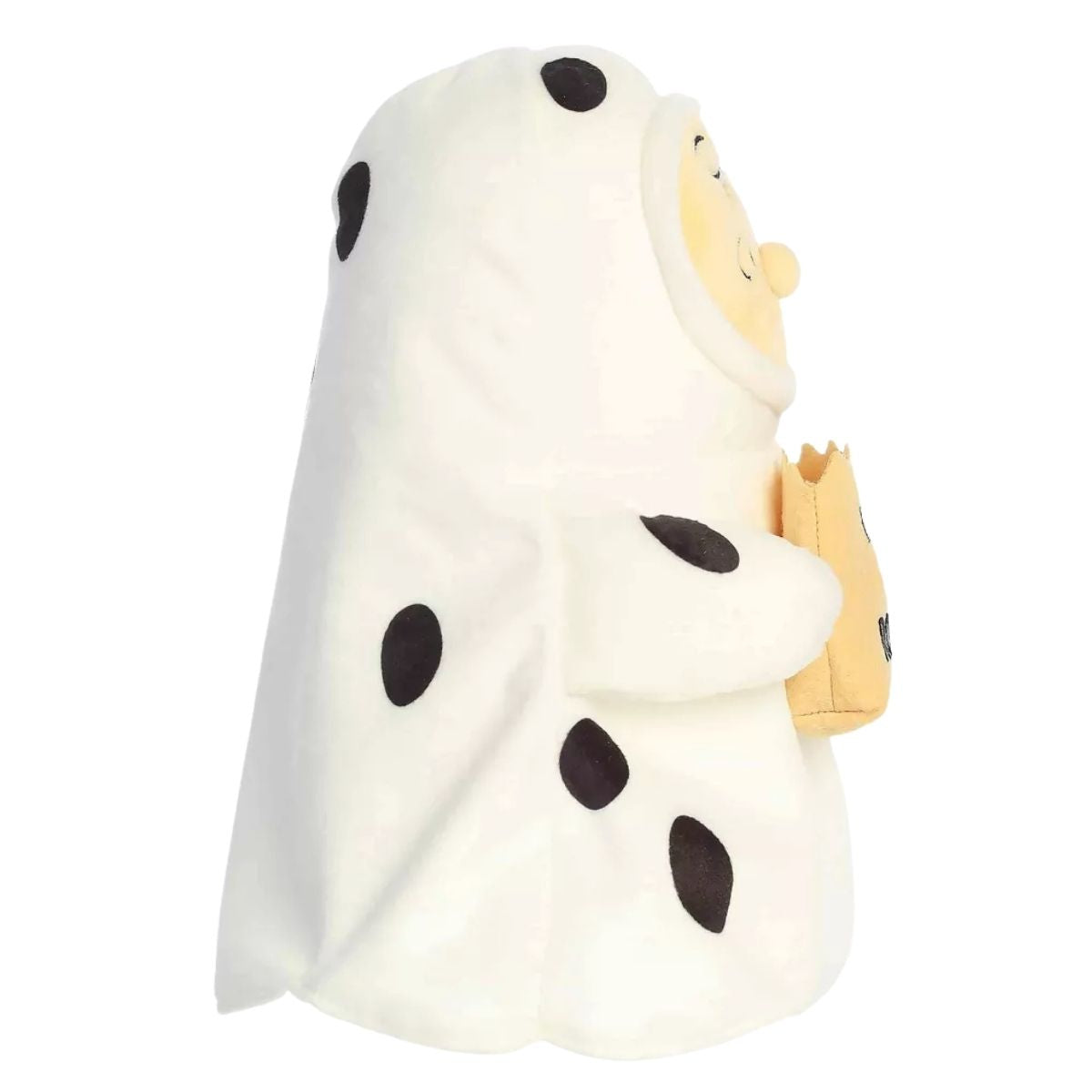Side profile thumbnail of Charlie Brown ghost costume plush holding trick-or-treat bag.