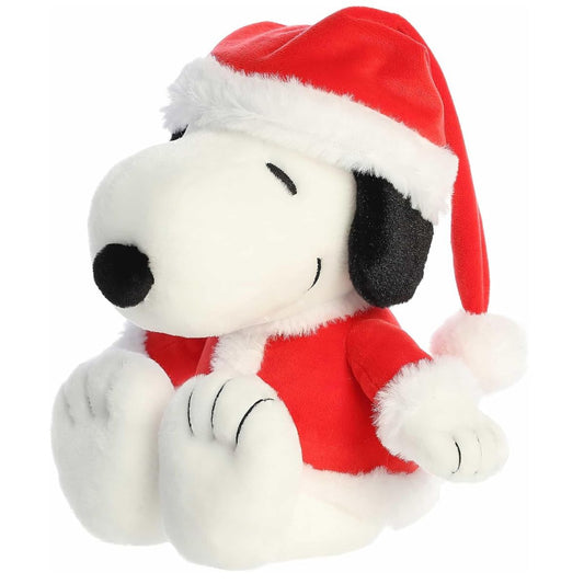 Aurora Peanuts Santa Snoopy 12-inch plush stuffed animal #40520 sitting in red Santa suit.