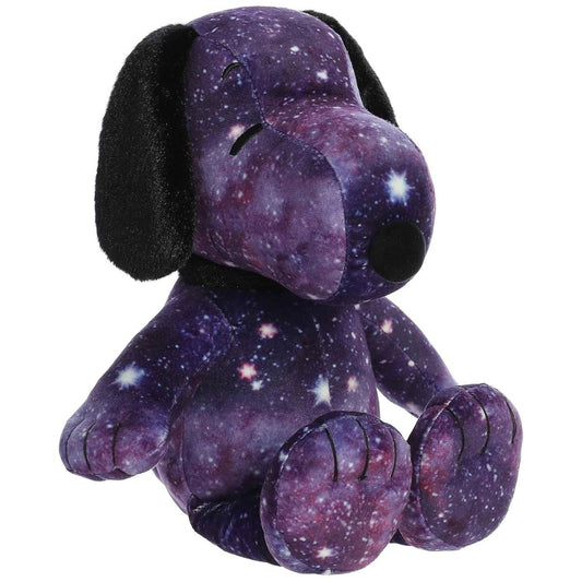 Aurora Peanuts Snoopy 12-inch plush stuffed animal #40487 sitting at an angle in purple galaxy pattern.