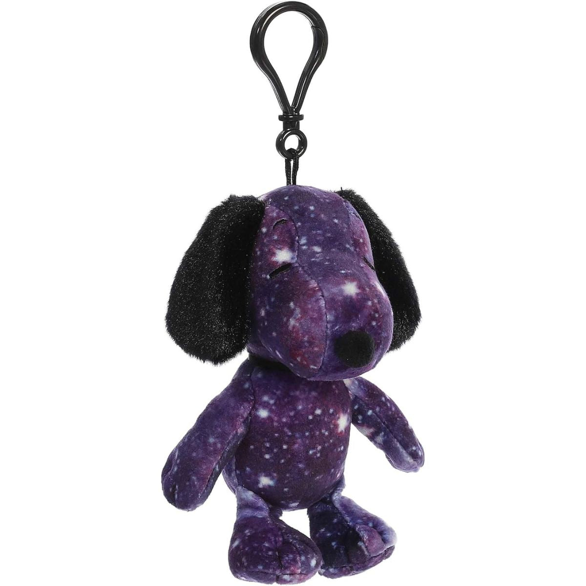 Aurora Peanuts Snoopy 5-inch clip-on keychain plush #40488 in purple galaxy pattern.