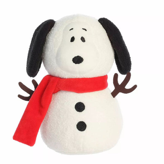 Aurora Peanuts Snowman Snoopy Snow Beagle 8-inch plush stuffed animal #40521 sitting at an angle with red scarf.