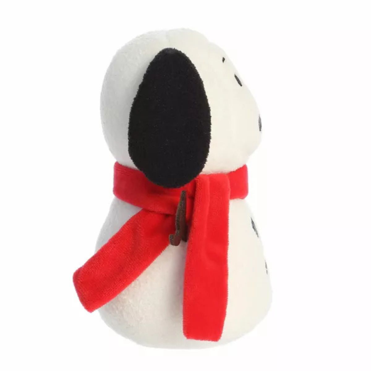 Side profile view thumbnail of Snow Beagle Snoopy snowman plush #40521 showing red scarf and twig arm.