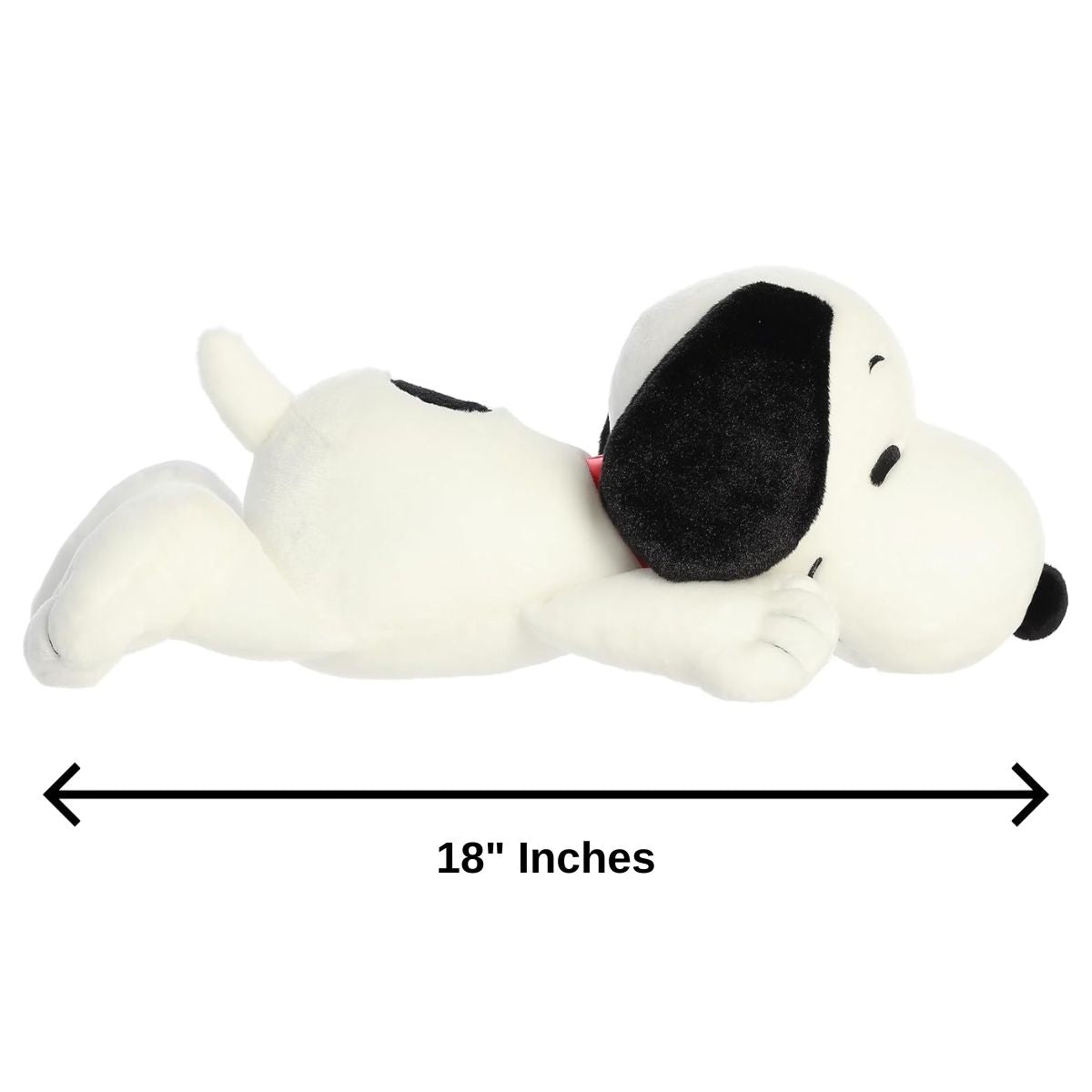 Side profile view thumbnail of Snuggle Snoopy plush with 18-inch length measurement arrow graphic.