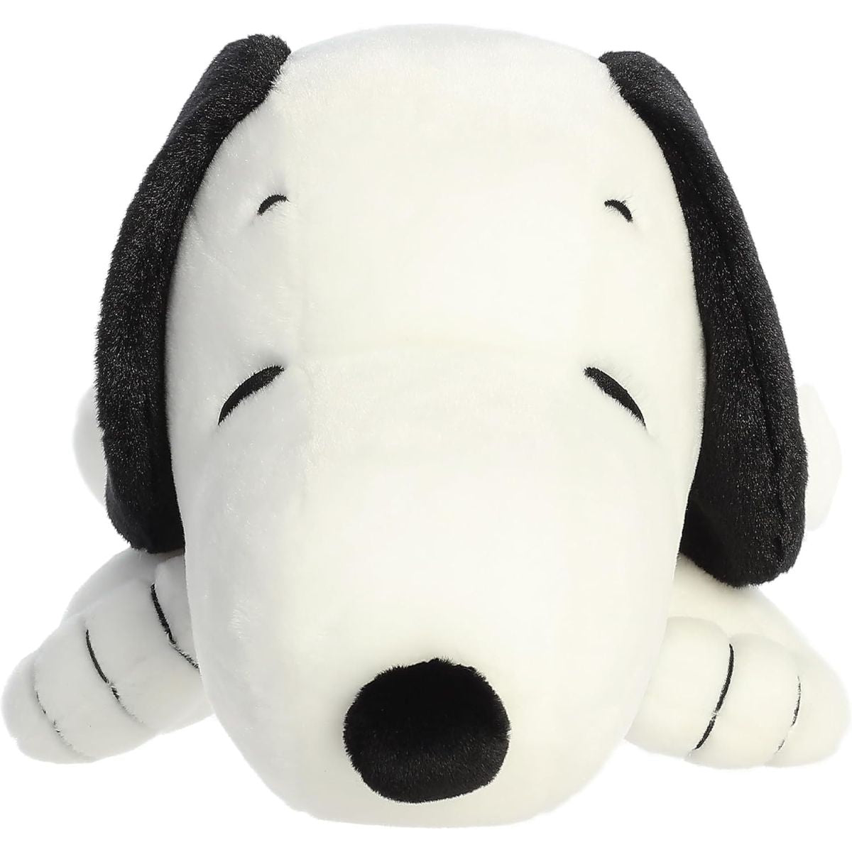 Head-on front view thumbnail of lying Snuggle Snoopy plush showing closed embroidered eyes and black nose.
