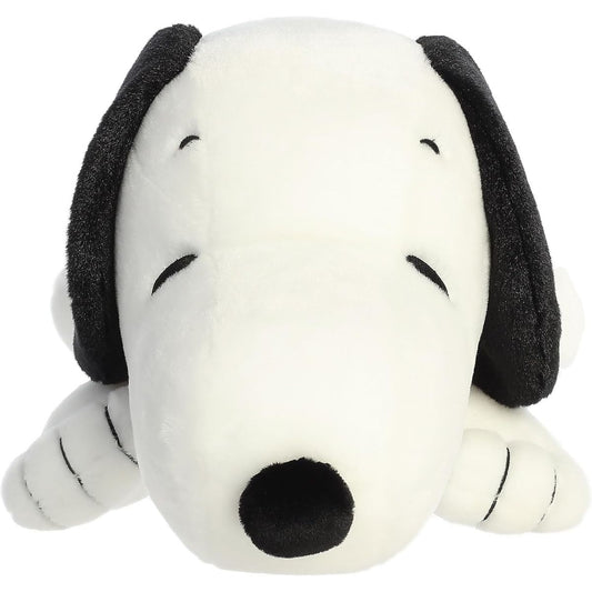 Head-on front view thumbnail of lying Snuggle Snoopy plush showing closed embroidered eyes and black nose.