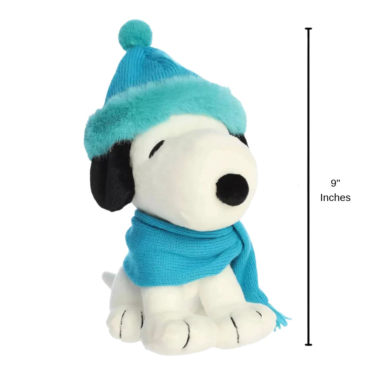 Aurora Peanuts Winter Scarf Snoopy stuffed animal plush toy with 9-inch vertical height measurement bar.