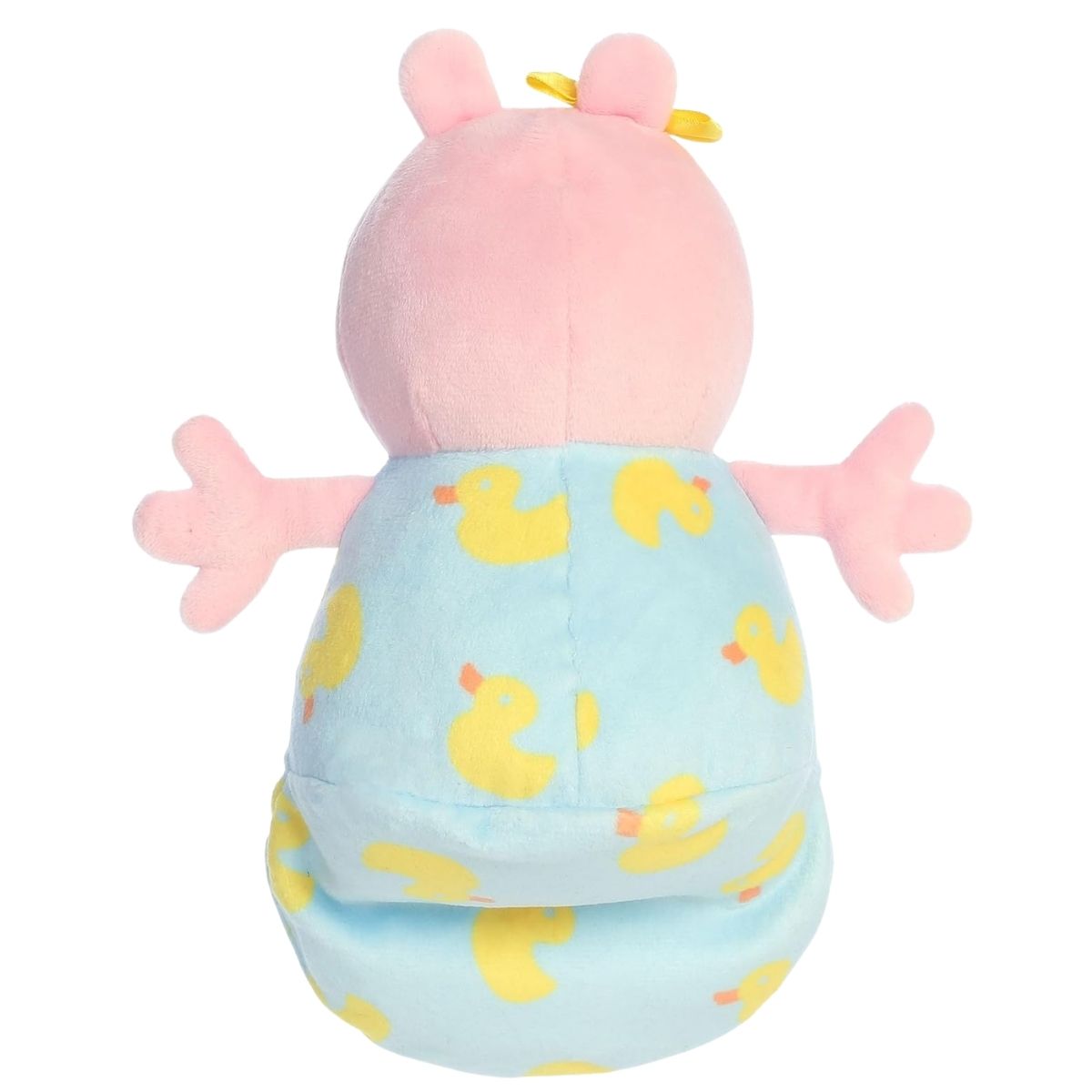 Rear view thumbnail showing the back of Baby Evie's yellow duck-printed blue swaddle sack