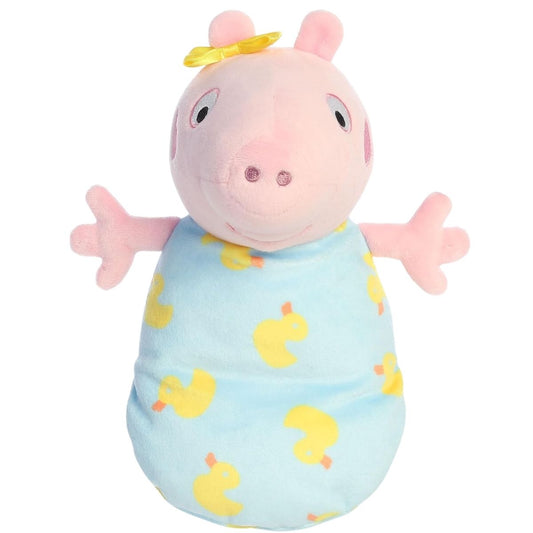 Aurora Peppa Pig Baby Evie in Swaddle 6.5-inch stuffed animal plush wearing a yellow bow and blue duck-print swaddle.
