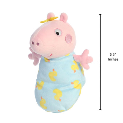 Full view thumbnail of Baby Evie swaddled plush next to a 6.5-inch height measurement graphic indicator.