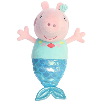 Aurora Peppa Pig Mermaid 6.5-inch stuffed animal plush featuring a shiny metallic blue mermaid tail and mint shell top.
