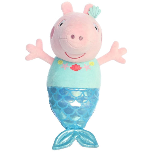 Aurora Peppa Pig Mermaid 6.5-inch stuffed animal plush featuring a shiny metallic blue mermaid tail and mint shell top.