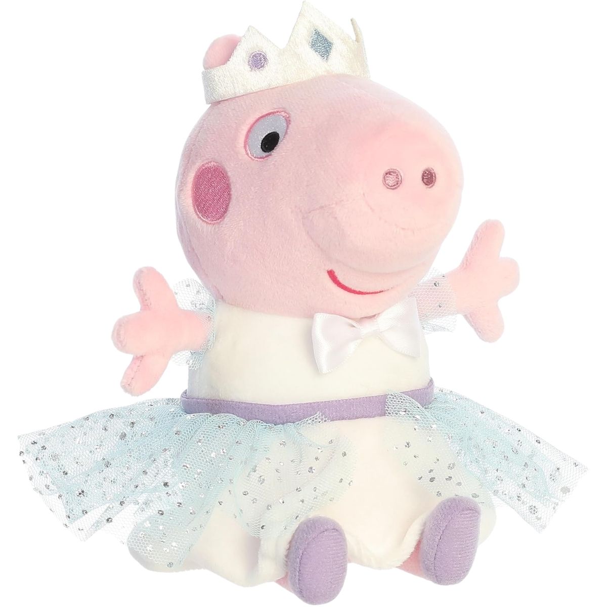Aurora Peppa Pig Princess 6.5-inch stuffed animal plush sitting wearing fabric crown and sparkly blue tulle tutu.