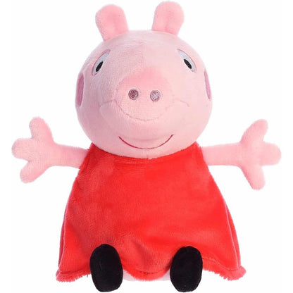 Straight-on front view of the soft Peppa Pig plush sitting upright with her arms open for a hug.
