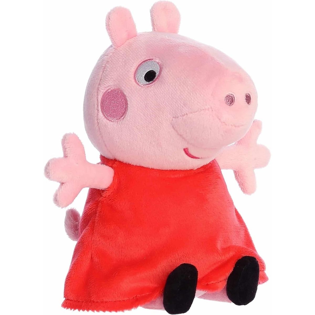 Angled front view of the Aurora Peppa Pig stuffed animal wearing a red dress and black shoes.