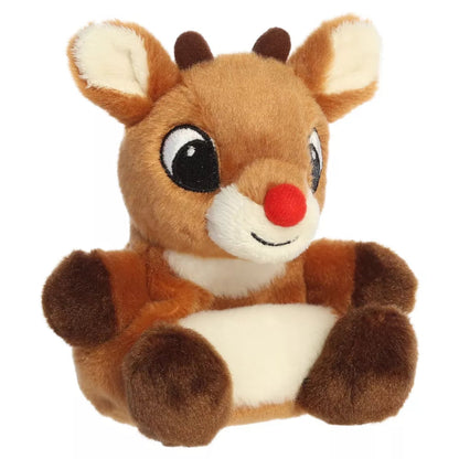 Three-quarter angled seated view of Aurora Rudolph 5-inch plush showing cream belly and cherry-red nose.