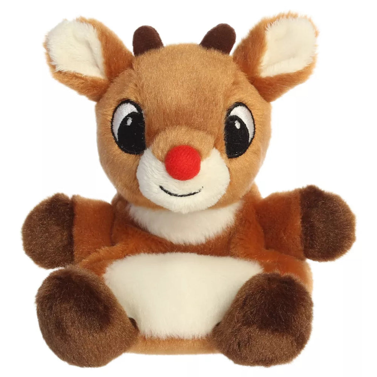 Front seated view of Aurora Rudolph the Red-Nosed Reindeer 5-inch plush with bright red nose and brown hooves.