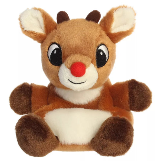 Front seated view of Aurora Rudolph the Red-Nosed Reindeer 5-inch plush with bright red nose and brown hooves.