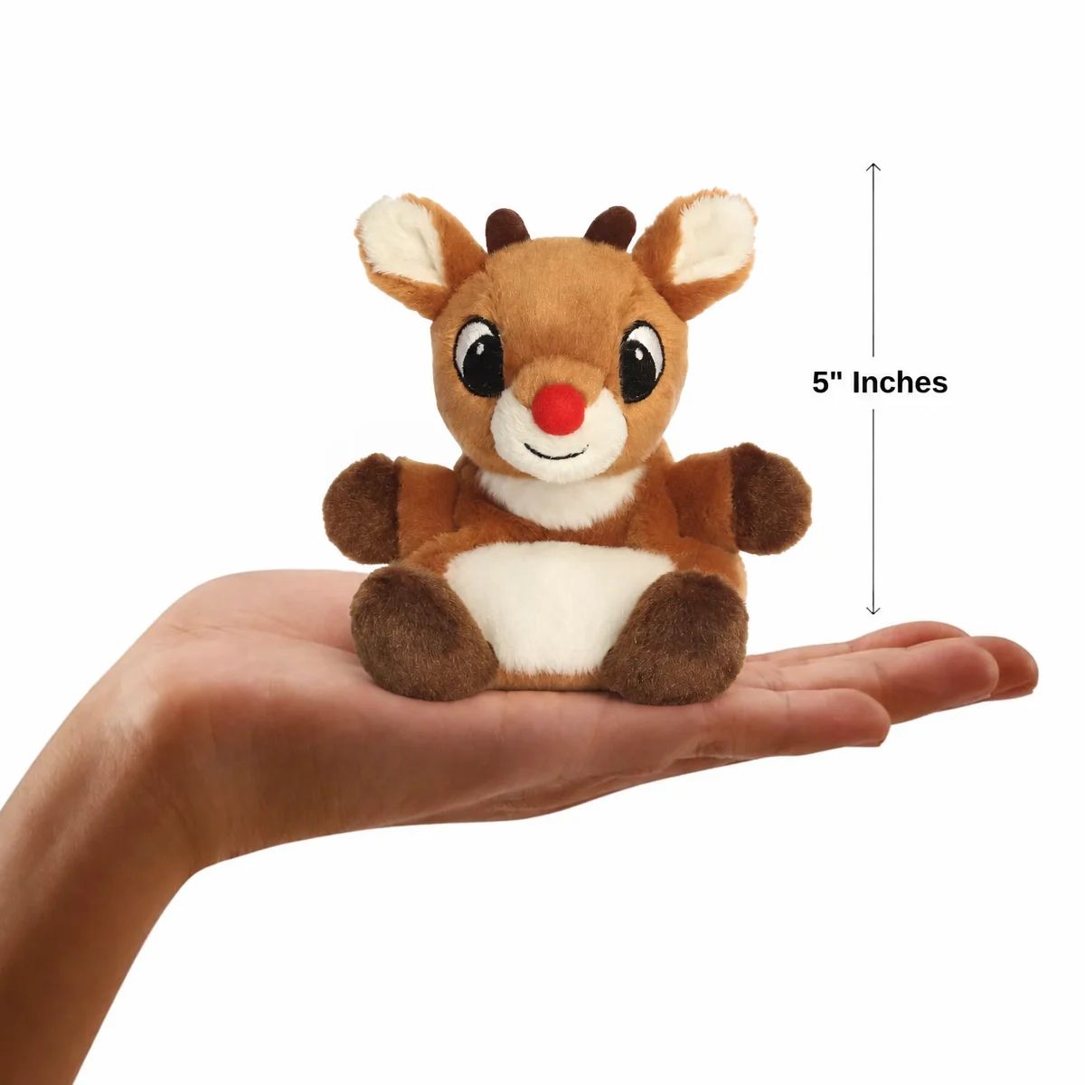 Aurora Rudolph the Red-Nosed Reindeer plush resting in an open palm with 5-inch vertical height scale measurement bar.
