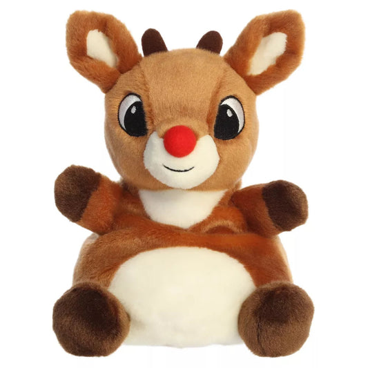 Front seated view of Aurora Rudolph the Red-Nosed Reindeer 8-inch plush toy with bright red nose and brown fur.