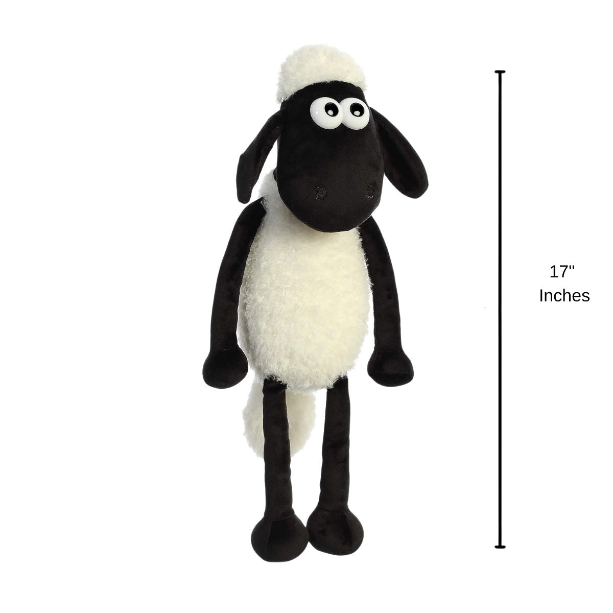 Full standing scale thumbnail of Shaun the Sheep plush showing 17-inch height measurement graphic indicator.