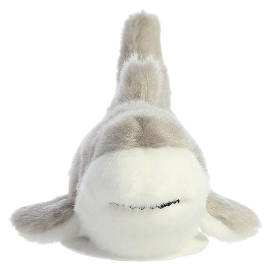 Head-on front view of Aurora Shoulderkins Titan Shark plush showing white underbelly and smile.