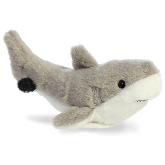 Three-quarter front view of Aurora Shoulderkins Titan Shark 6.5-inch stuffed animal plush with grey and white fur.