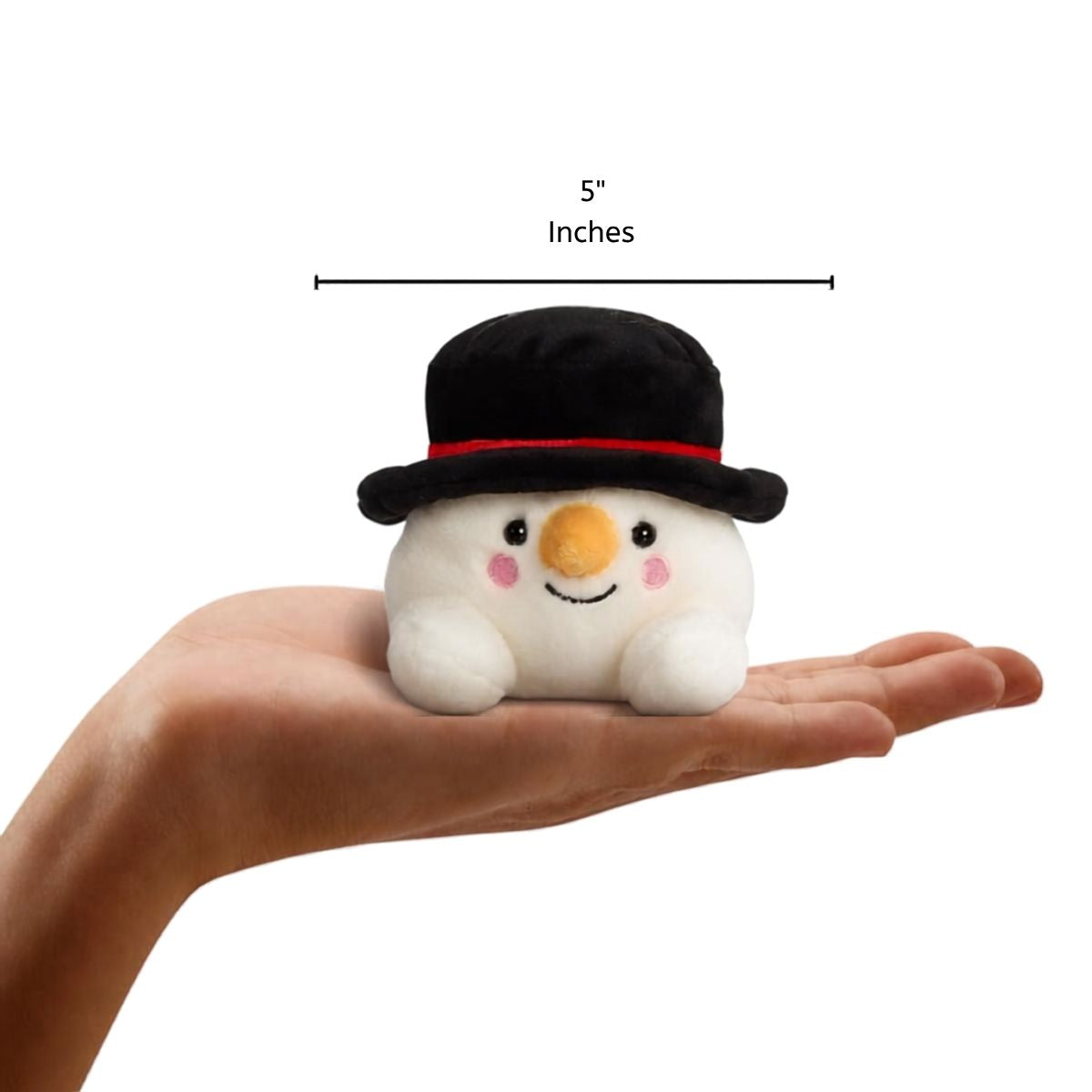 Sven Snowman #1-645 5-inch plush sitting in the palm of an open hand showing 5-inch height measurement graphic.