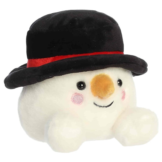 Aurora Sven Snowman #1-645 5-inch stuffed animal plush wearing a black top hat with red band sitting on white background.