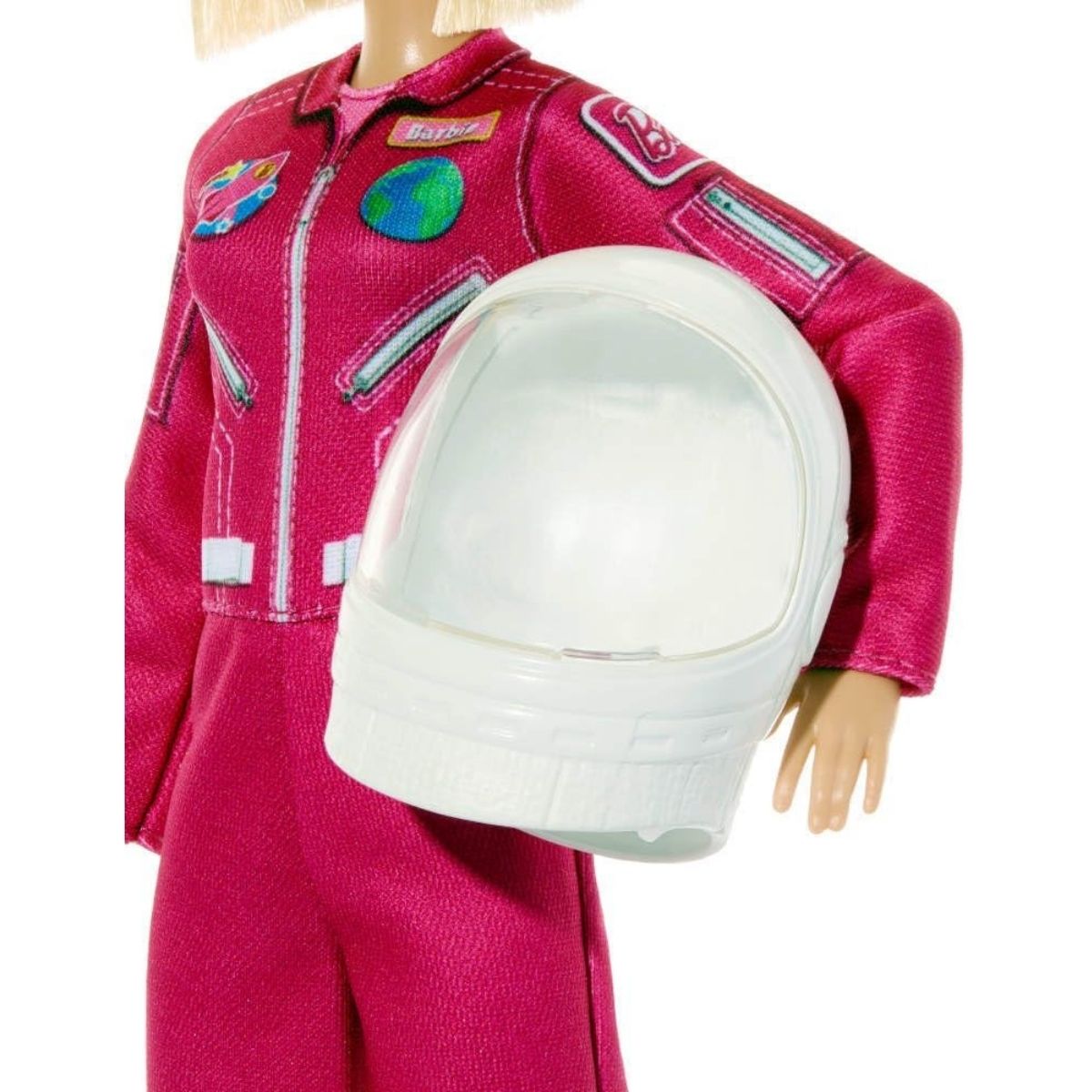 12-inch Barbie Astronaut doll holding her removable white space helmet under her arm showing flight suit details.