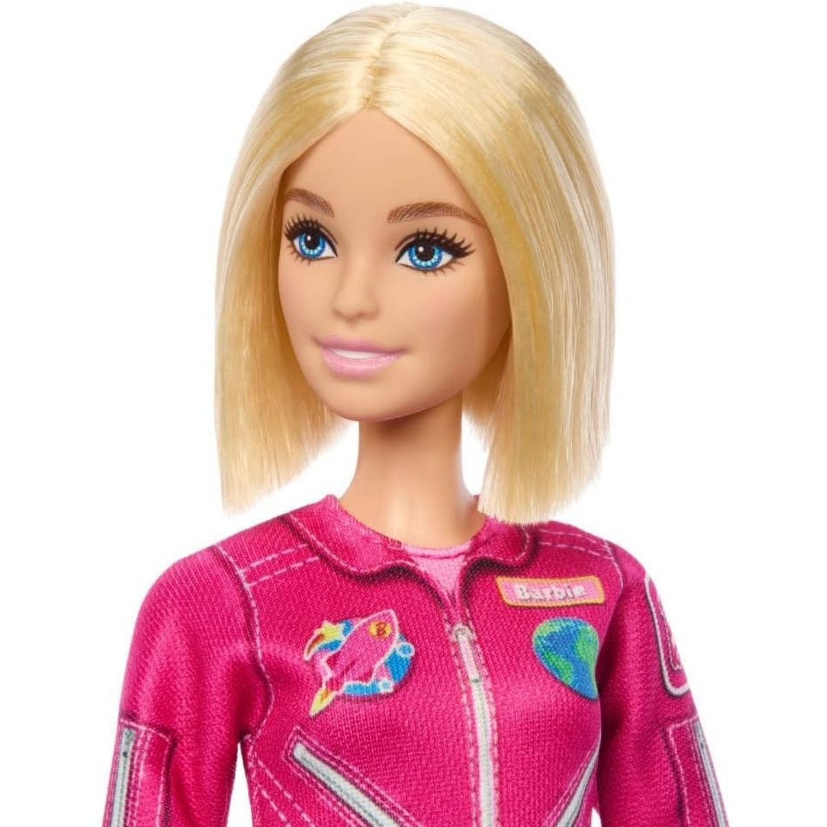 Close-up portrait view of blonde 12-inch Barbie Astronaut Fashion Doll with bob hairstyle.