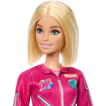 Close-up portrait view of blonde 12-inch Barbie Astronaut Fashion Doll with bob hairstyle.