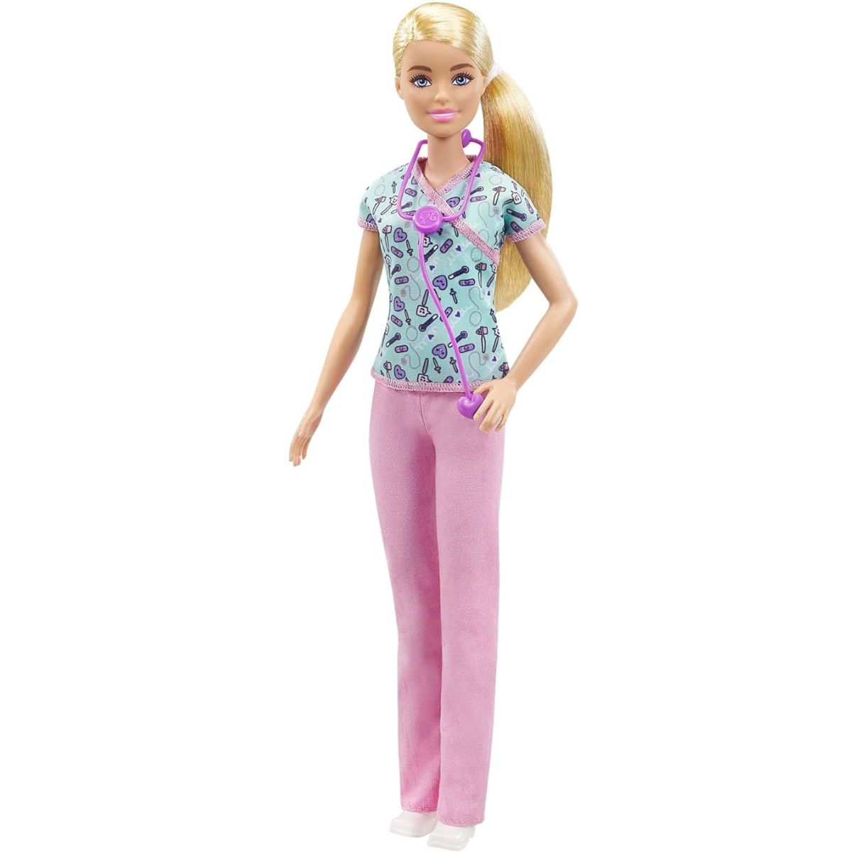 Barbie You Can Be Anything Nurse 12-inch blonde fashion doll wearing a printed scrub top, pink pants, and purple stethoscope.