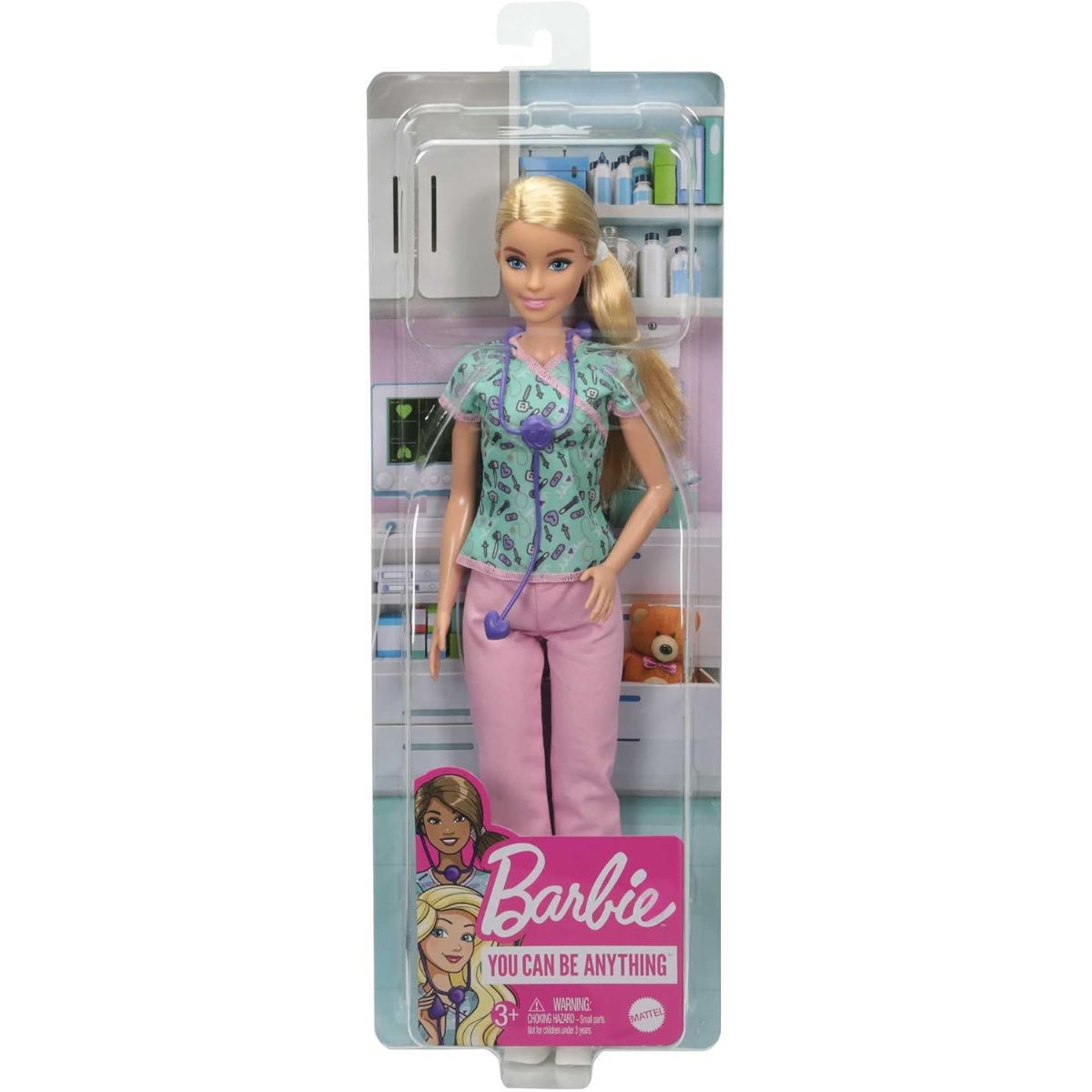 Front view thumbnail of Mattel pink window card packaging for 12-inch Barbie Nurse Doll.