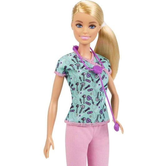 Close-up portrait view of blonde Barbie Nurse Doll displaying printed scrub top and purple stethoscope.