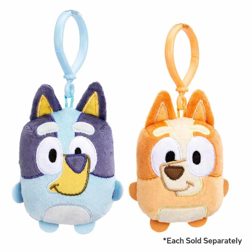 Bluey and Bingo mini plush backpack clips displayed side-by-side.