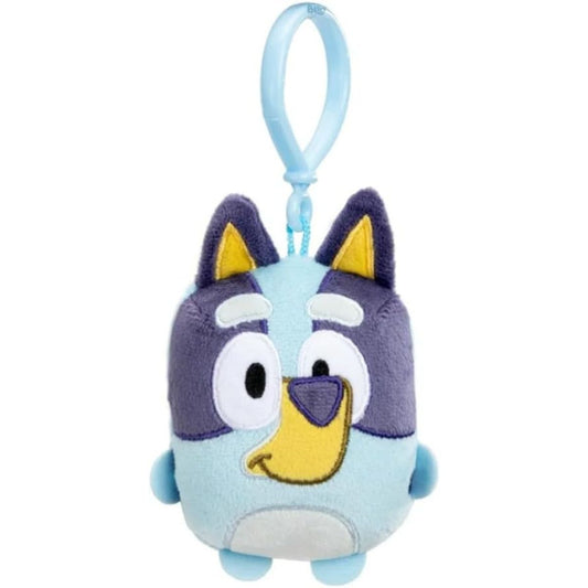 Bluey 4.75-inch mini plush backpack clip featuring Bluey Heeler with a light blue plastic clip.