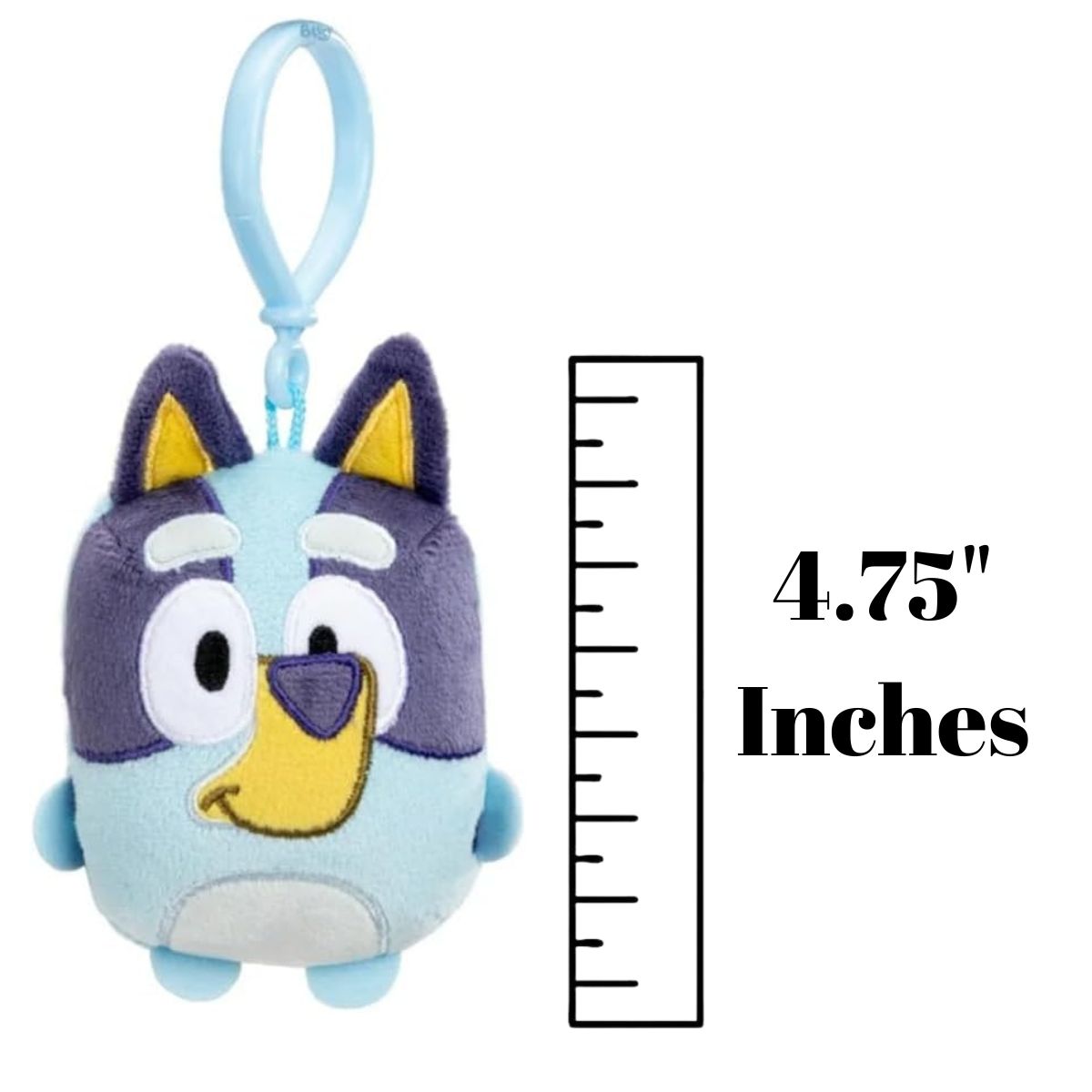 Front view thumbnail of Bluey plush clip next to a 4.75-inch height measurement graphic indicator.