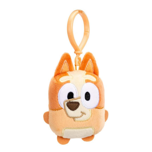 Bluey 4.5-inch mini plush backpack clip featuring Bingo Heeler with an orange plastic clip.