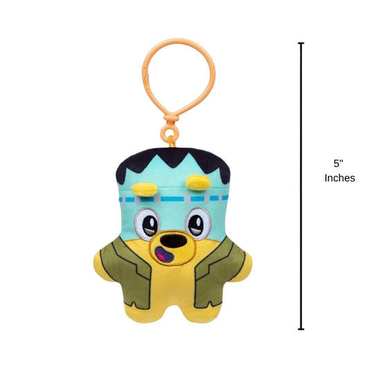 Bluey Biscuits Halloween Monster Lucky plush clip with 5.3-inch height scale indicator.