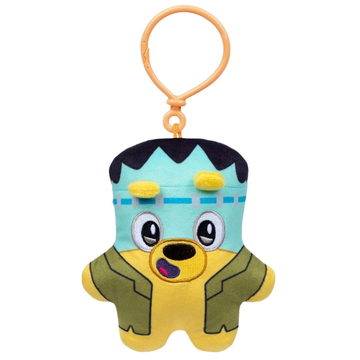Bluey Biscuits Halloween Monster Lucky 5-inch plush bag clip on a white background.