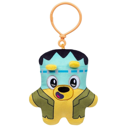 Bluey Biscuits Halloween Monster Lucky 5-inch plush bag clip on a white background.
