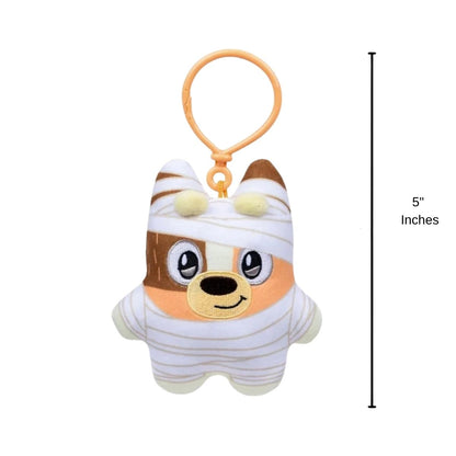 Bluey Biscuits Halloween Mummy Chilli plush clip with 5.3-inch height scale indicator.