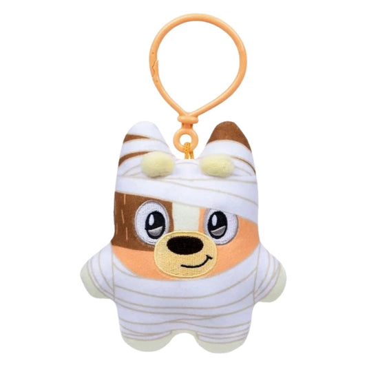 Bluey Biscuits Halloween Mummy Chilli 5-inch plush bag clip on a white background.
