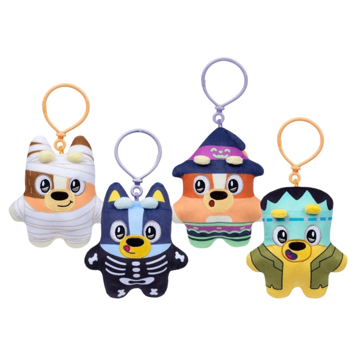 Group shot of 4 Bluey Biscuits Halloween plush clips featuring Skeleton Bluey, Witch Bingo, Mummy Chilli, and Monster Lucky.