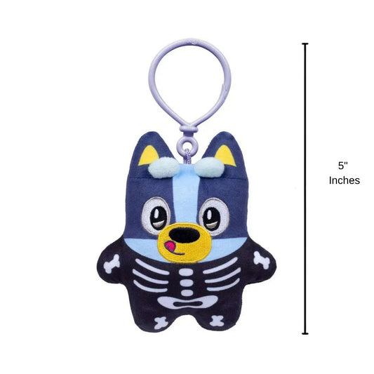 Bluey Biscuits Halloween Skeleton Bluey plush clip with 5.3-inch height scale indicator.