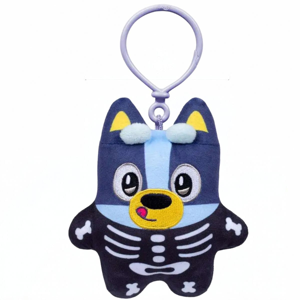 Bluey Biscuits Halloween Skeleton Bluey 5-inch plush bag clip on a white background.
