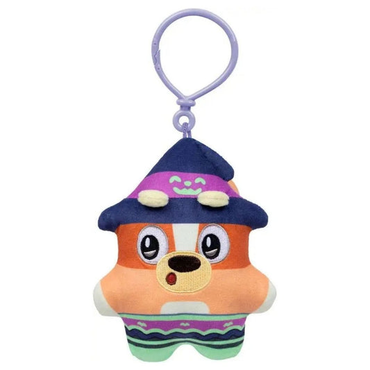 Bluey Biscuits Halloween Witch Bingo 5-inch plush bag clip on a white background.