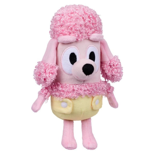 Full-body view of Bluey Baby Coco plush showing textured pink curls and yellow bottoms.